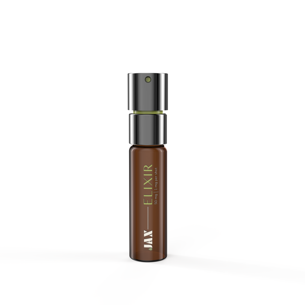 One JAX elixir pod with metallic silver caps and green accent bands, standing upright on a white background. The brand name 'JAX Elixir' is printed vertically in gold on the bottle.