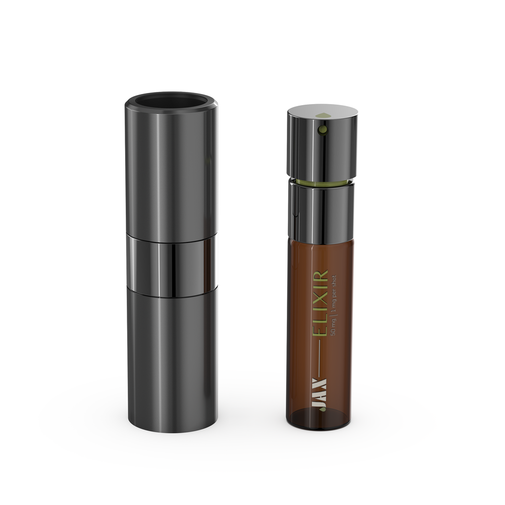 A JAX Stream-X case and JAX Elixir pod, shown on a plain white background. The bottle is dark brown with a metallic silver cap and green text reading 'JAX - ELIXIR'.