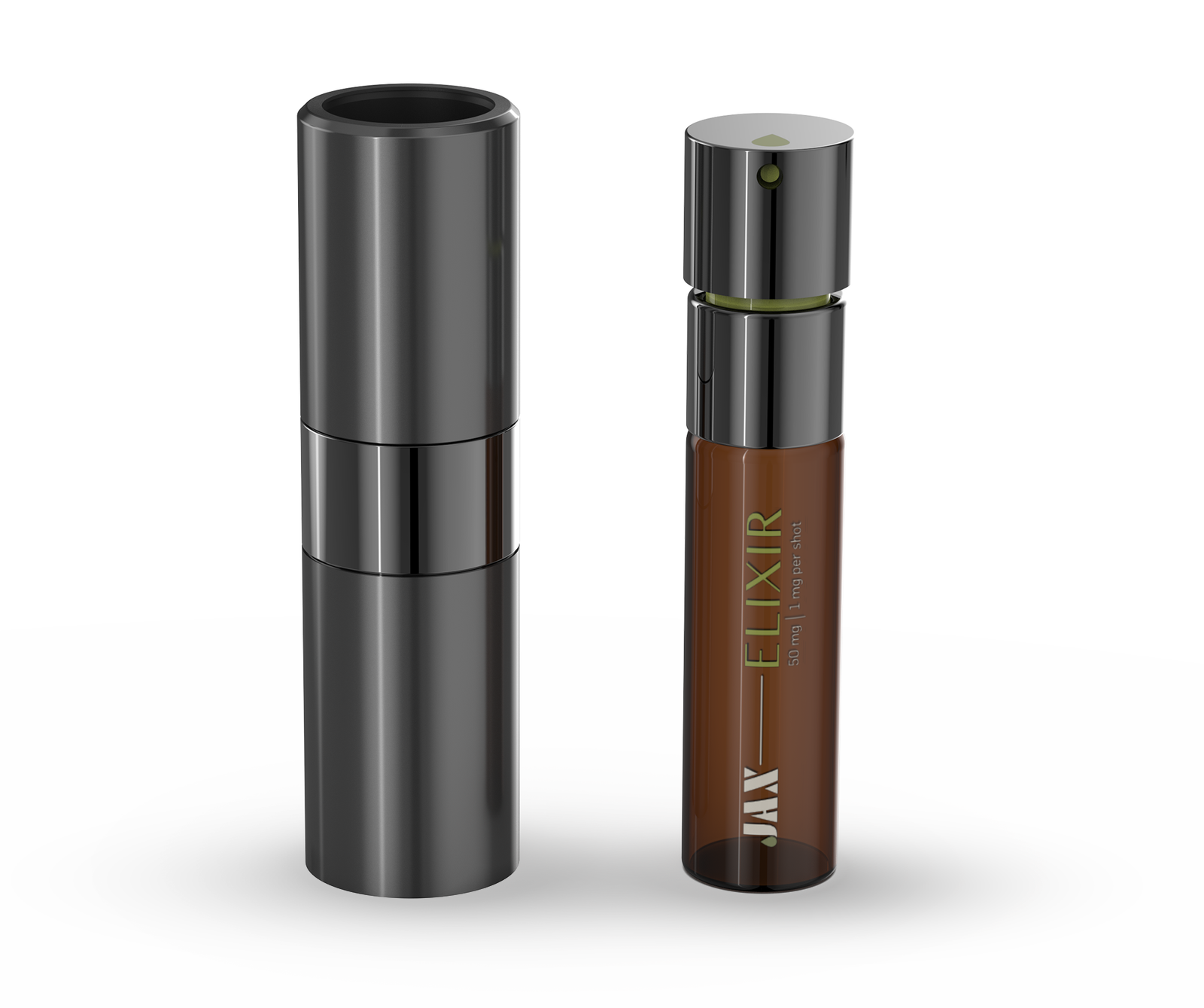 A JAX Stream-X case and JAX Elixir pod, shown on a plain white background. The bottle is dark brown with a metallic silver cap and green text reading 'JAX - ELIXIR'.