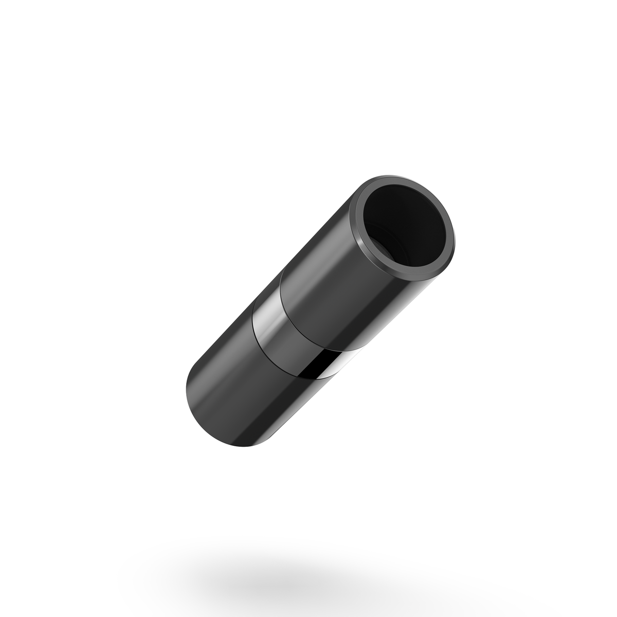 A sleek, cylindrical JAX stream-x case with a polished metallic silver band near the center, shown floating diagonally against a solid white background with a soft shadow underneath.