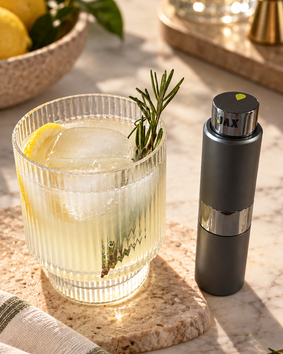 A dark gray and silver JAX device standing next to a drink glass on a stone coaster in a bright, sunlit setting.